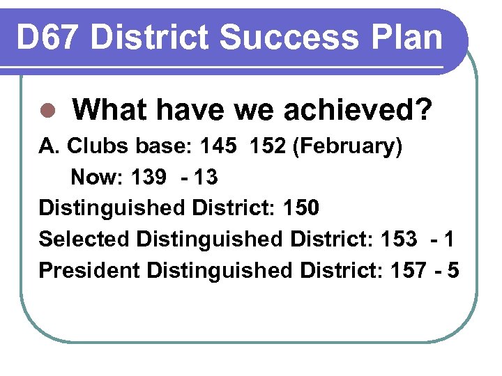 D 67 District Success Plan l What have we achieved? A. Clubs base: 145