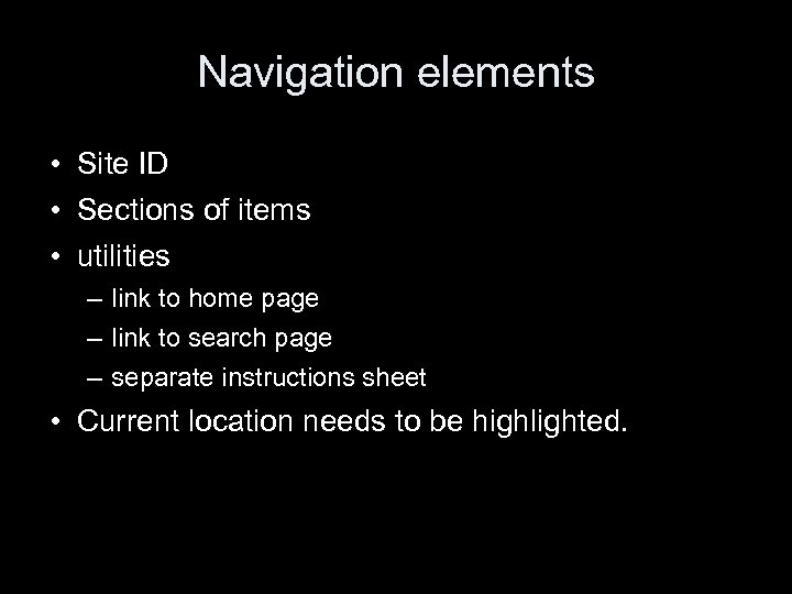 Navigation elements • Site ID • Sections of items • utilities – link to