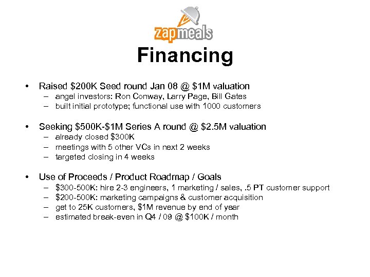 Financing • Raised $200 K Seed round Jan 08 @ $1 M valuation –