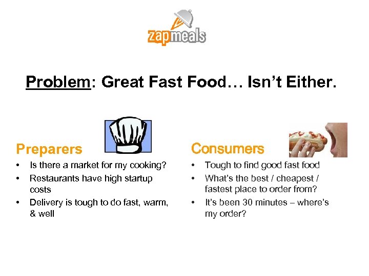 Problem: Great Fast Food… Isn’t Either. Preparers Consumers • • • Is there a