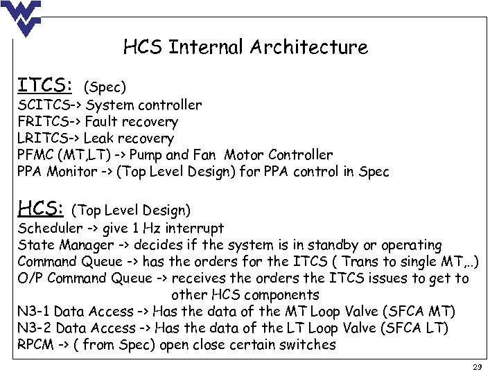 HCS Internal Architecture ITCS: (Spec) SCITCS-> System controller FRITCS-> Fault recovery LRITCS-> Leak recovery