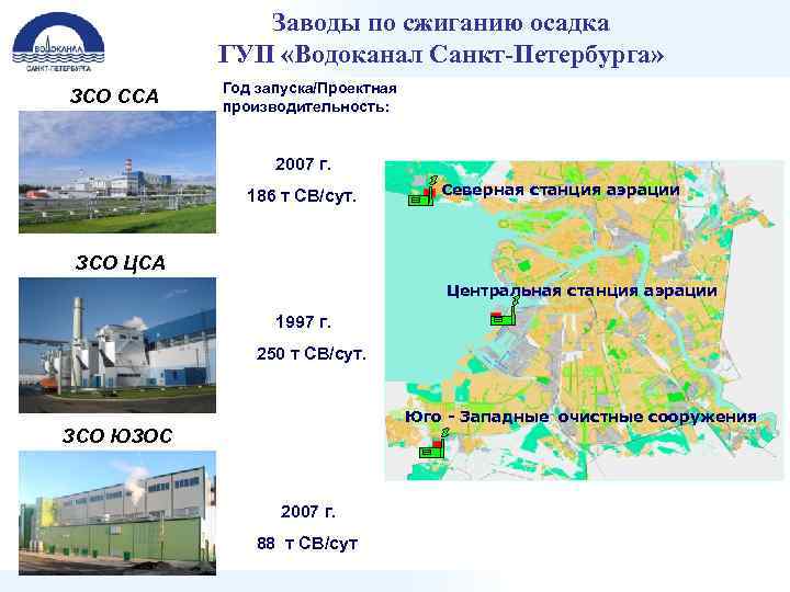 Заводы по сжиганию осадка ГУП «Водоканал Санкт-Петербурга» ЗСО ССА Год запуска/Проектная производительность: 2007 г.