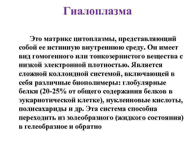 Гиалоплазма Это матрикс цитоплазмы, представляющий собой ее истинную внутреннюю среду. Он имеет вид гомогенного