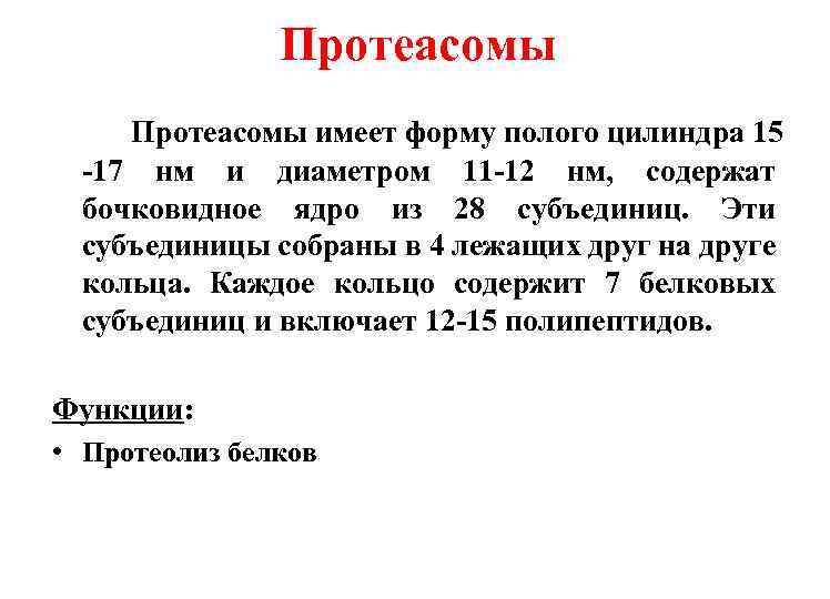 Протеасомы имеет форму полого цилиндра 15 -17 нм и диаметром 11 -12 нм, содержат