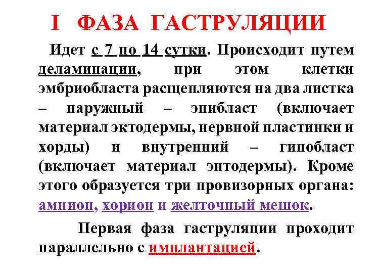 I ФАЗА ГАСТРУЛЯЦИИ Идет с 7 по 14 сутки. Происходит путем деламинации, при этом