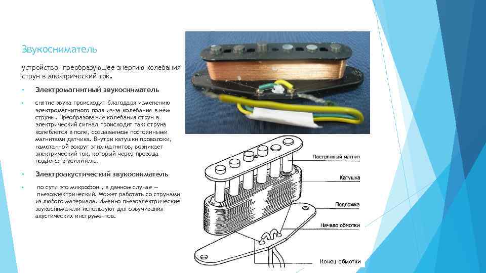 Звукосниматель устройство, преобразующее энергию колебания струн в электрический ток. • Электромагнитный звукосниматель • снятие