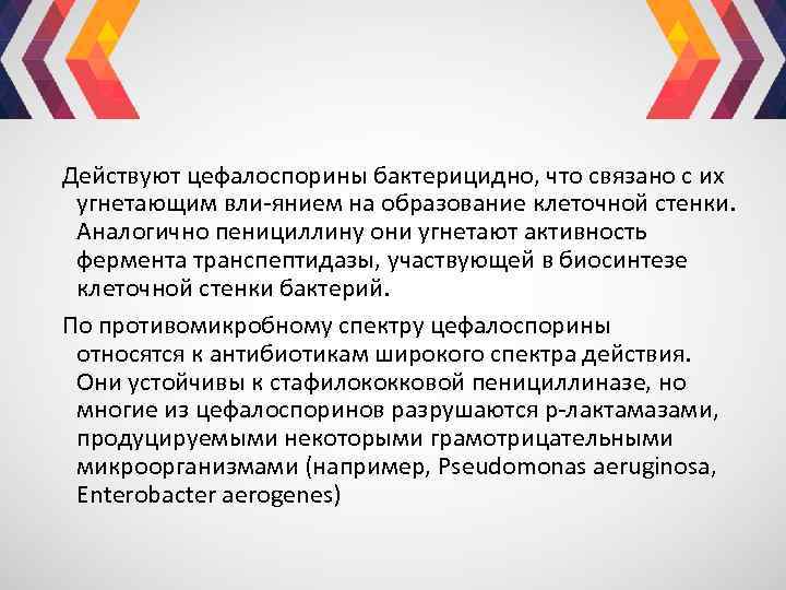 Действуют цефалоспорины бактерицидно, что связано с их угнетающим вли янием на образование клеточной стенки.