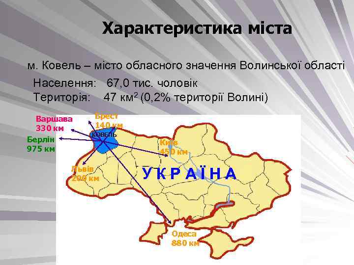 Характеристика міста м. Ковель – місто обласного значення Волинської області Населення: 67, 0 тис.