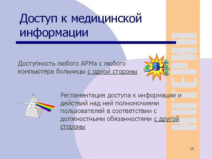 Доступ к медицинской информации Доступность любого АРМа с любого компьютера больницы с одной стороны