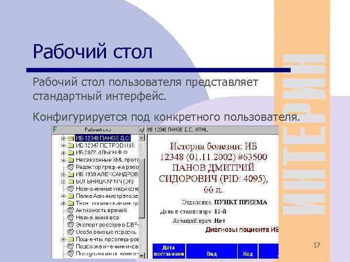 Рабочий стол пользователя представляет стандартный интерфейс. Конфигурируется под конкретного пользователя. 17 
