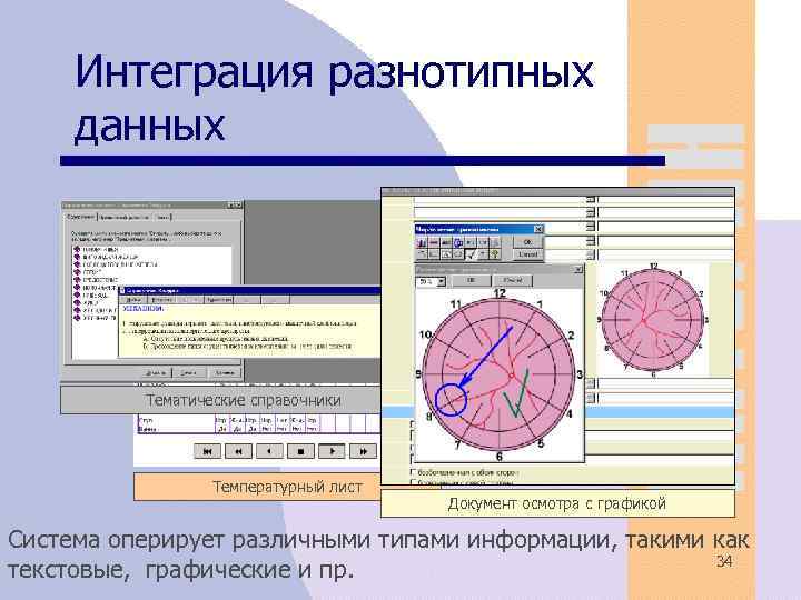 Интеграция разнотипных данных Тематические справочники Температурный лист Документ осмотра с графикой Система оперирует различными
