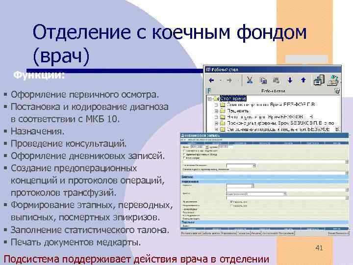 Отделение с коечным фондом (врач) Функции: § Оформление первичного осмотра. § Постановка и кодирование