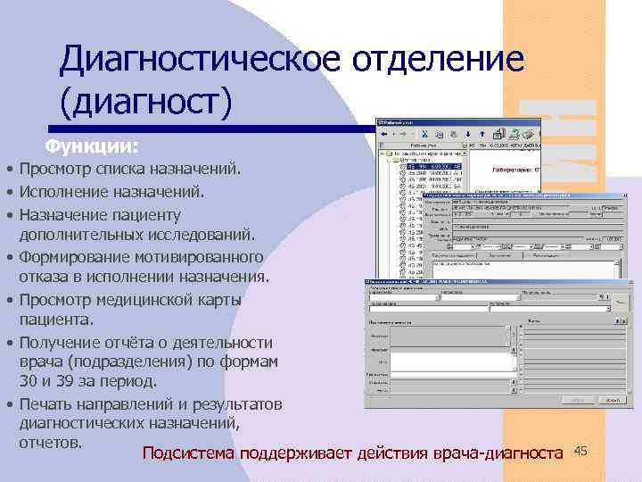 Диагностическое отделение (диагност) Функции: • Просмотр списка назначений. • Исполнение назначений. • Назначение пациенту