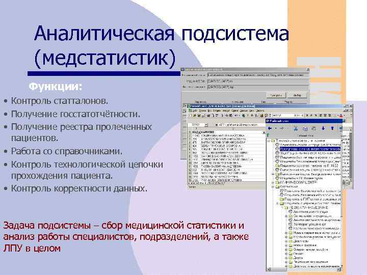 Аналитическая подсистема (медстатистик) Функции: • Контроль статталонов. • Получение госстатотчётности. • Получение реестра пролеченных