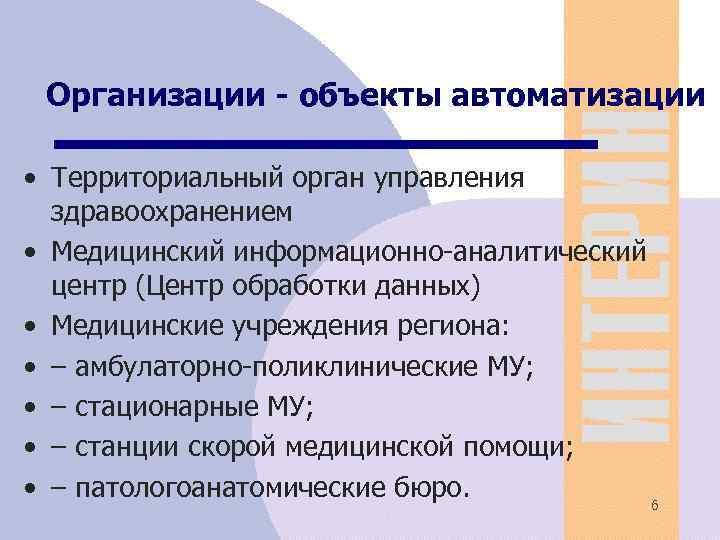 Организации - объекты автоматизации • Территориальный орган управления здравоохранением • Медицинский информационно-аналитический центр (Центр