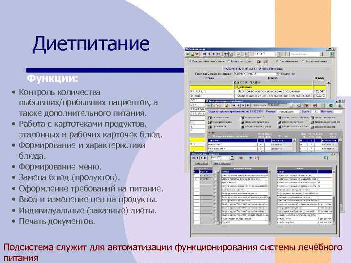 Диетпитание Функции: • Контроль количества выбывших/прибывших пациентов, а также дополнительного питания. • Работа с