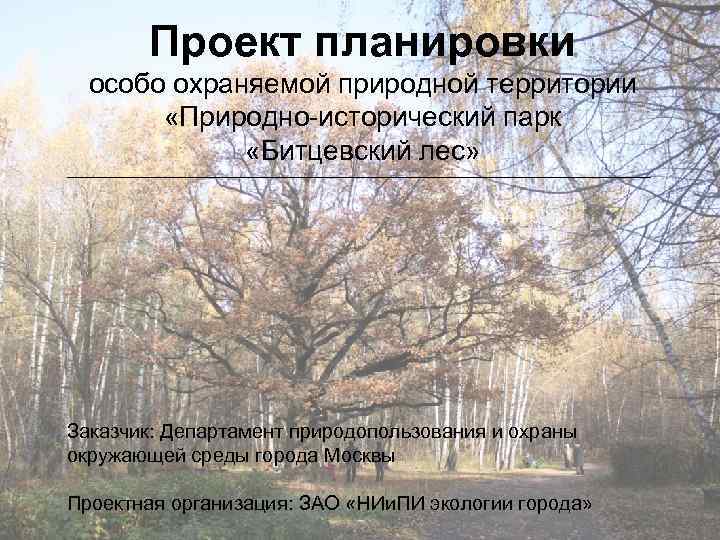 Проект планировки особо охраняемой природной территории «Природно-исторический парк «Битцевский лес» _____________________________________________________ Заказчик: Департамент природопользования