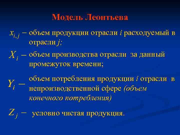 Модель Леонтьева объем продукции отрасли i расходуемый в отрасли j; объем производства отрасли за