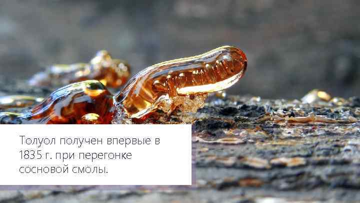 Толуол получен впервые в 1835 г. при перегонке сосновой смолы. 
