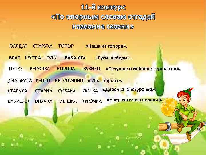 11 -й конкурс «По опорным словам отгадай название сказки» СОЛДАТ СТАРУХА ТОПОР «Каша из