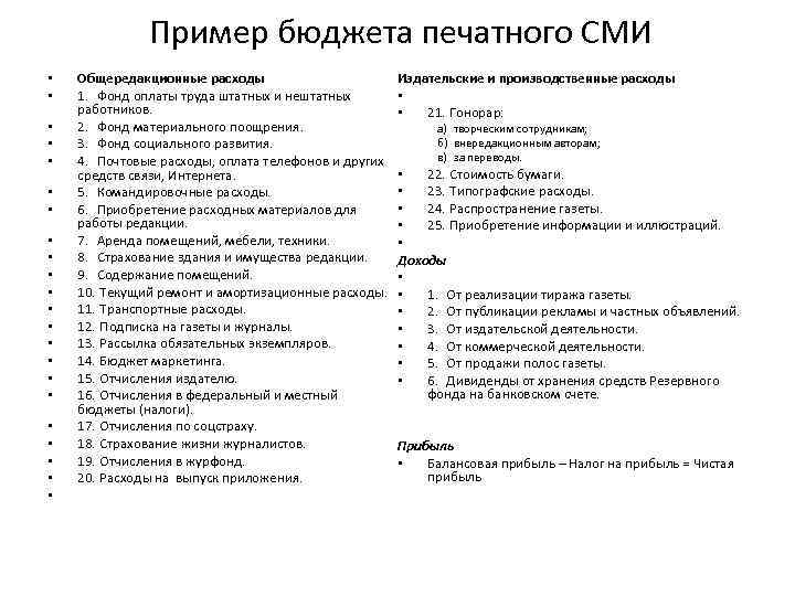 Пример бюджета печатного СМИ • • • • • • Общередакционные расходы 1. Фонд