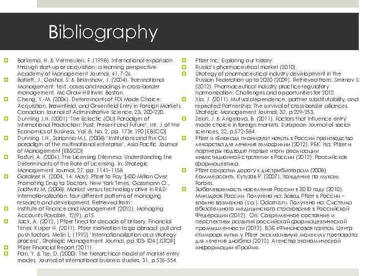 Bibliography Barkema, H. & Vermeulen, F. (1998). International expansion through start-up or acquisition: a