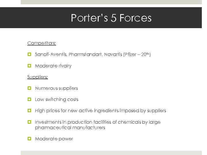 Porter’s 5 Forces Competitors: Sanofi-Aventis, Pharmstandart, Novartis (Pfizer – 20 th) Moderate rivalry Suppliers: