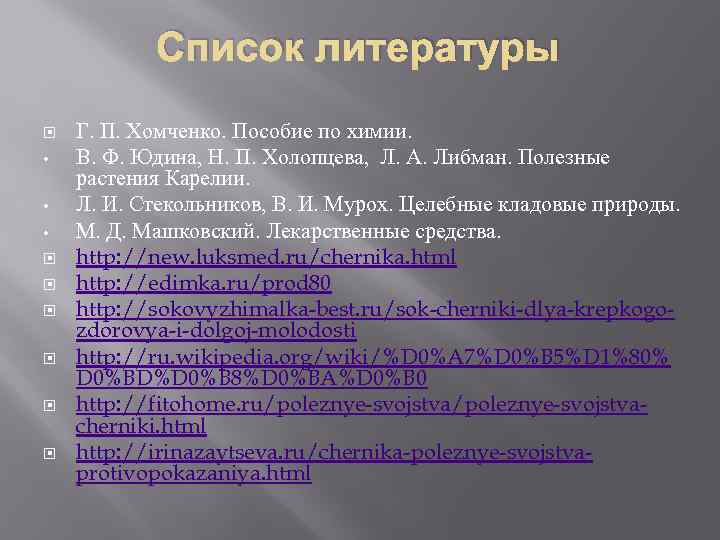 Список литературы • • • Г. П. Хомченко. Пособие по химии. В. Ф. Юдина,