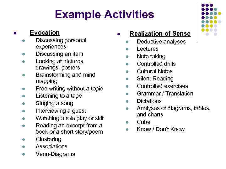 Example Activities Evocation l l l l Discussing personal experiences Discussing an item Looking