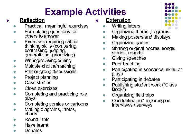 Example Activities Reflection l l l l Practical, meaningful exercises Formulating questions for others