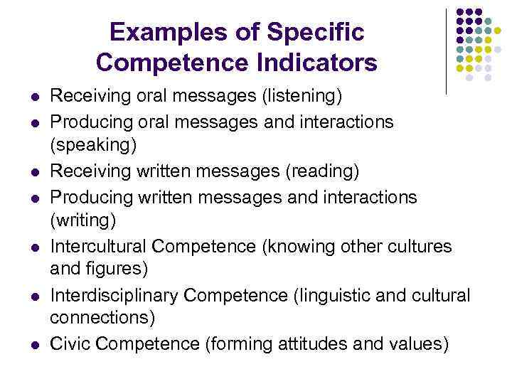 Examples of Specific Competence Indicators l l l l Receiving oral messages (listening) Producing