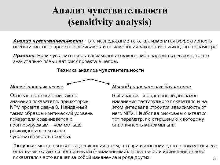 Анализ чувствительности (sensitivity analysis) Анализ чувствительности – это исследование того, как изменится эффективность инвестиционного