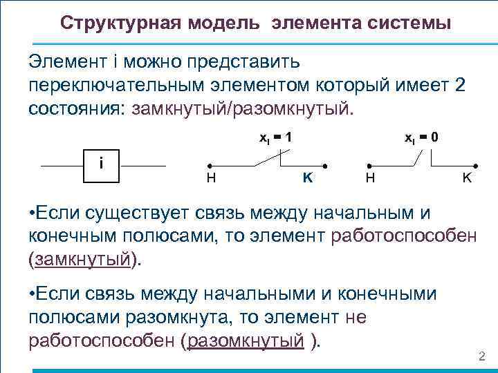 Структурная модель элемента системы Элемент i можно представить переключательным элементом который имеет 2 состояния: