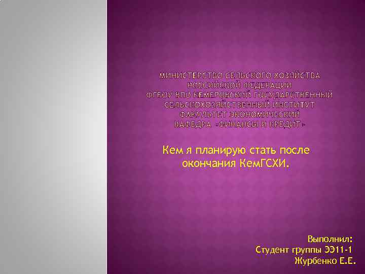 Кем я планирую стать после окончания Кем. ГСХИ. Выполнил: Студент группы ЭЭ 11 -1