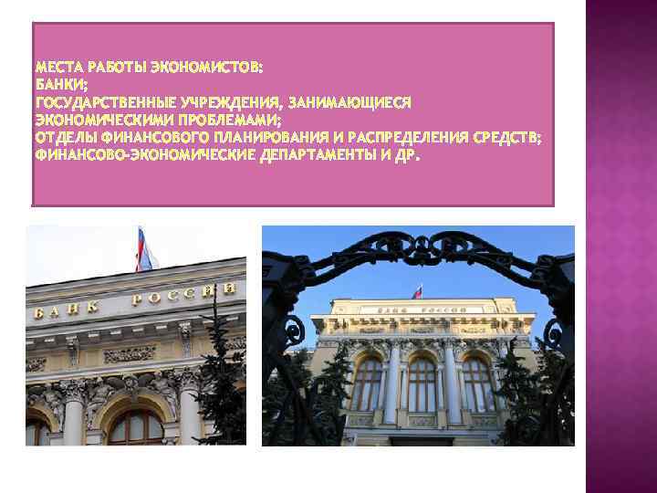 МЕСТА РАБОТЫ ЭКОНОМИСТОВ: БАНКИ; ГОСУДАРСТВЕННЫЕ УЧРЕЖДЕНИЯ, ЗАНИМАЮЩИЕСЯ ЭКОНОМИЧЕСКИМИ ПРОБЛЕМАМИ; ОТДЕЛЫ ФИНАНСОВОГО ПЛАНИРОВАНИЯ И РАСПРЕДЕЛЕНИЯ