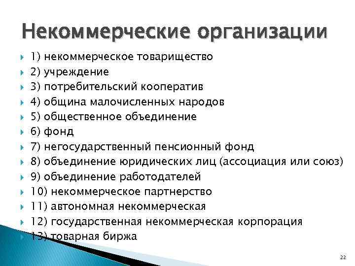 Некоммерческие организации 1) некоммерческое товарищество 2) учреждение 3) потребительский кооператив 4) община малочисленных народов