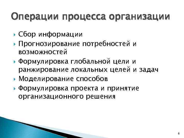 Операции процесса организации Сбор информации Прогнозирование потребностей и возможностей Формулировка глобальной цели и ранжирование