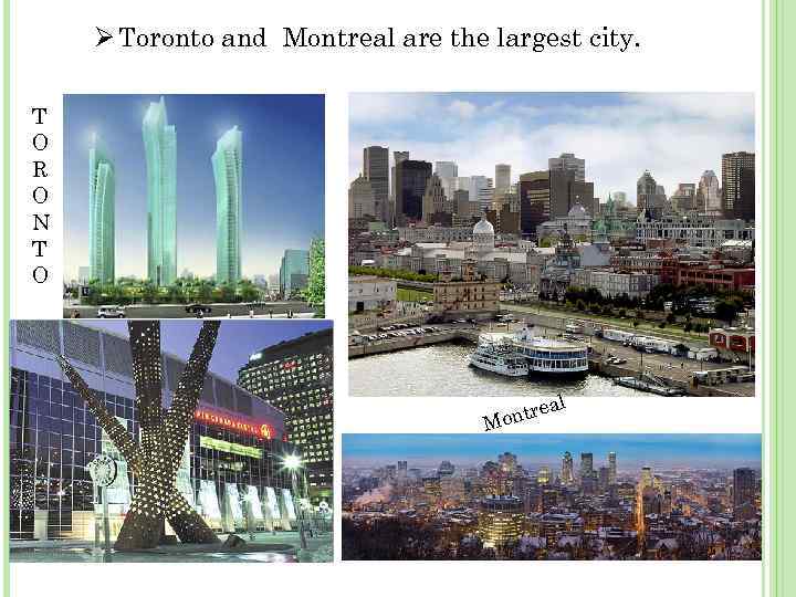 Ø Toronto and Montreal are the largest city. T O R O N T