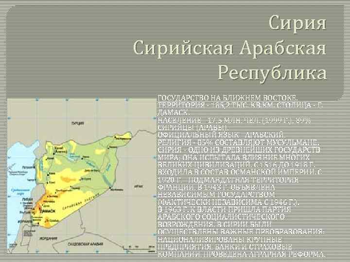 Сирия Сирийская Арабская Республика ГОСУДАРСТВО НА БЛИЖНЕМ ВОСТОКЕ. ТЕРРИТОРИЯ - 185, 2 ТЫС. КВ.