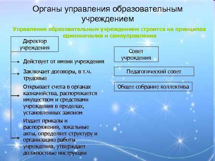 Органы управления образовательным учреждением Управление образовательным учреждением строится на принципах единоначалия и самоуправления Директор