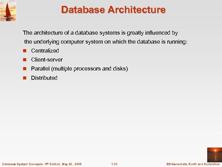 Database Architecture The architecture of a database systems is greatly influenced by the underlying