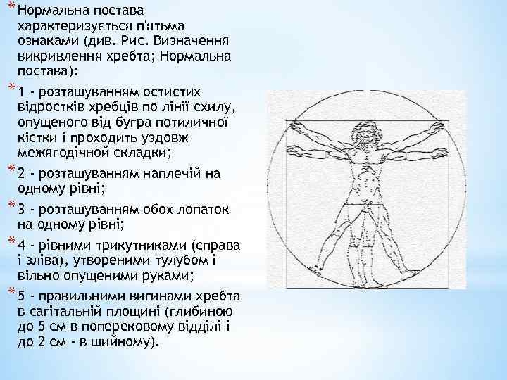 * Нормальна постава характеризується п'ятьма ознаками (див. Рис. Визначення викривлення хребта; Нормальна постава): *