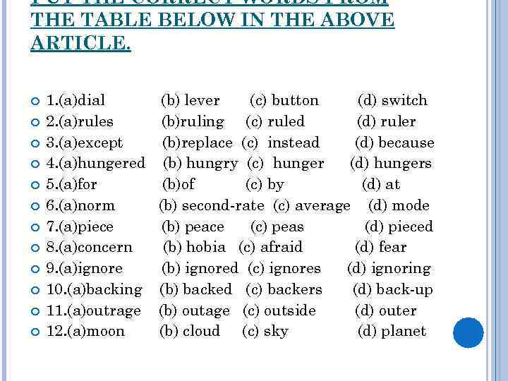 PUT THE CORRECT WORDS FROM THE TABLE BELOW IN THE ABOVE ARTICLE. 1. (a)dial