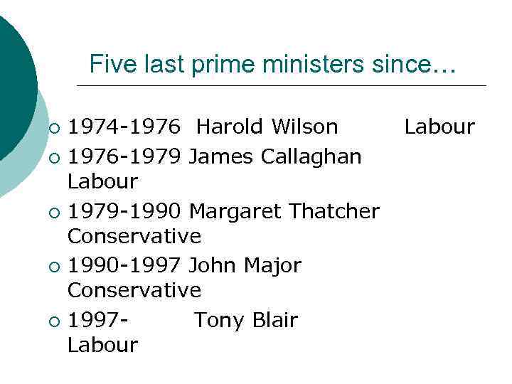 Five last prime ministers since… 1974 -1976 Harold Wilson ¡ 1976 -1979 James Callaghan