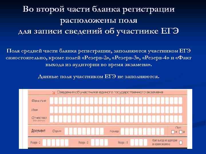 Во второй части бланка регистрации расположены поля для записи сведений об участнике ЕГЭ Поля
