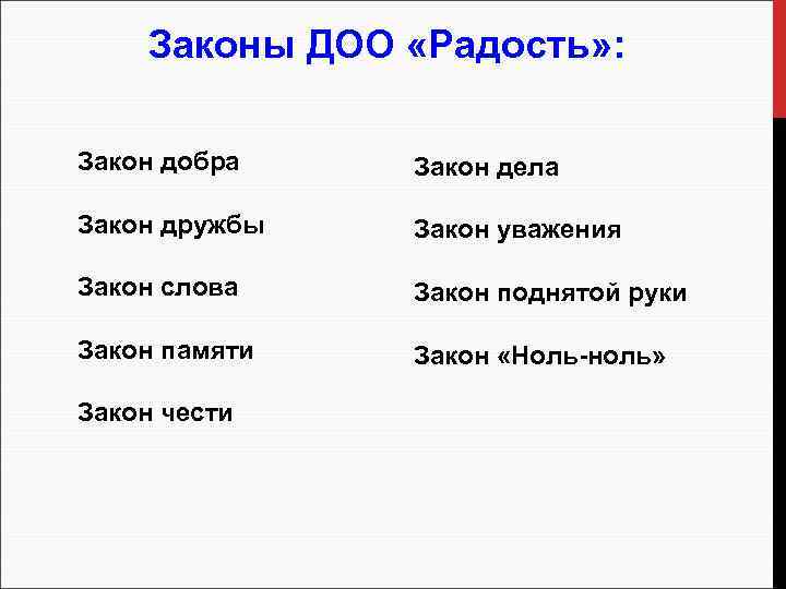 Законы ДОО «Радость» : Закон добра Закон дела Закон дружбы Закон уважения Закон слова