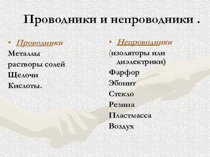 Проводники и непроводники. • Проводники Металлы растворы солей Щелочи Кислоты. • Непроводники (изоляторы или