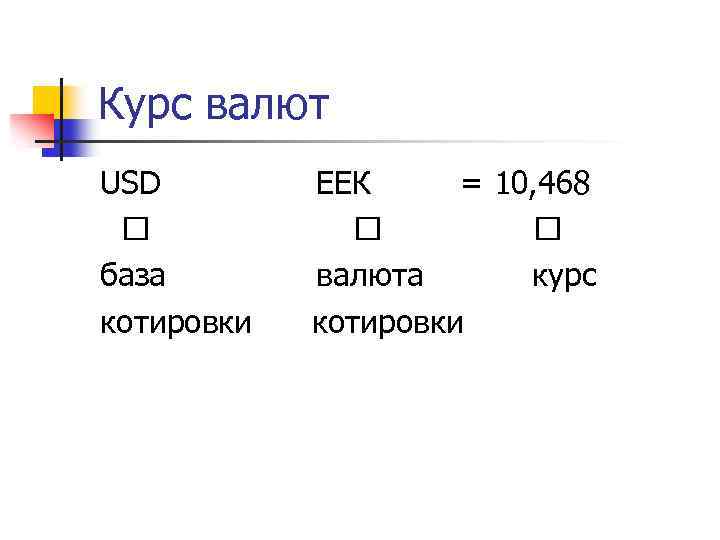 Курс валют USD база котировки ЕЕК = 10, 468 валюта курс котировки 