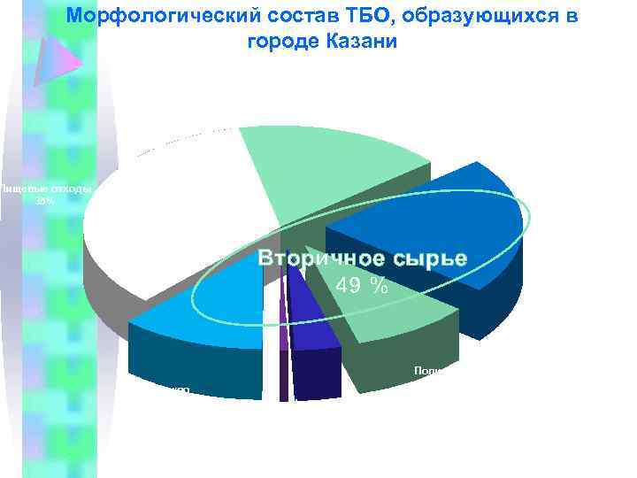 Морфологический состав ТБО, образующихся в городе Казани Прочие 16% Пищевые отходы 35% Бумага, картон