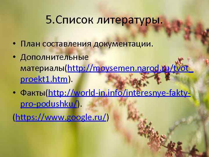5. Список литературы. • План составления документации. • Дополнительные материалы(http: //moysemen. narod. ru/tvot_ proekt